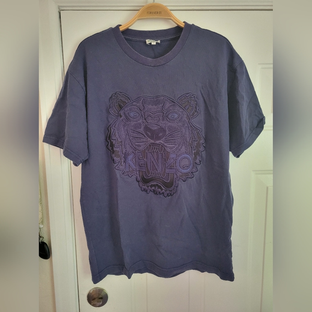 Kenzo Blue Short Sleeve Tee with Graphic Design Embrodery Small Blue